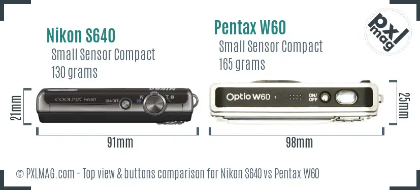 Nikon S640 vs Pentax W60 top view buttons comparison