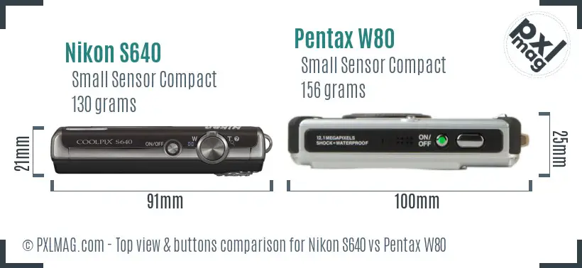 Nikon S640 vs Pentax W80 top view buttons comparison Nikon S640 vs Pentax W80 top view buttons comparison