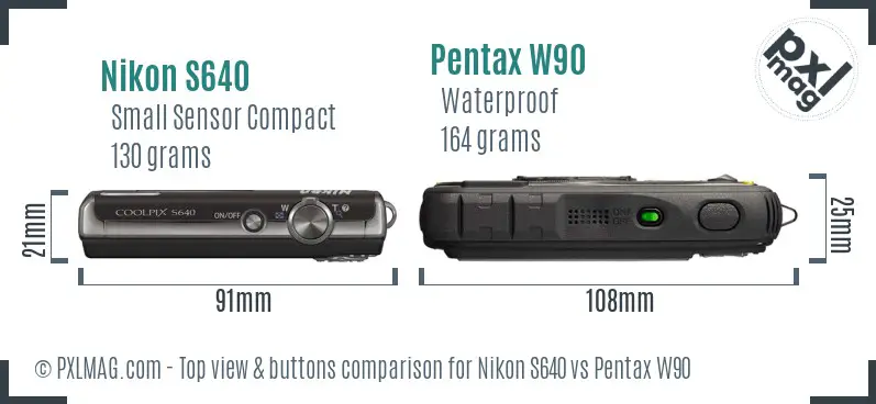 Nikon S640 vs Pentax W90 top view buttons comparison Nikon S640 vs Pentax W90 top view buttons comparison