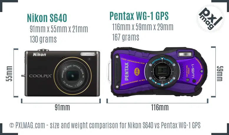 Nikon S640 vs Pentax WG-1 GPS size comparison