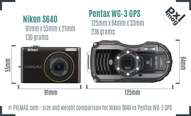Nikon S640 vs Pentax WG-3 GPS size comparison