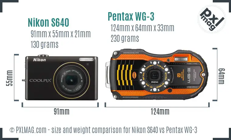 Nikon S640 vs Pentax WG-3 size comparison