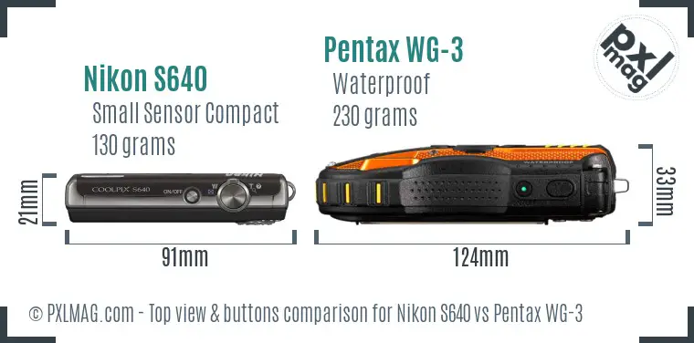 Nikon S640 vs Pentax WG-3 top view buttons comparison