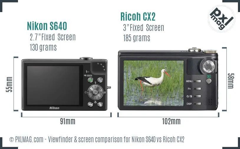 Nikon S640 vs Ricoh CX2 Screen and Viewfinder comparison