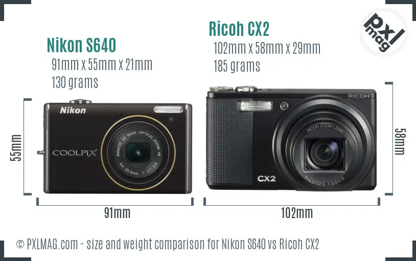 Nikon S640 vs Ricoh CX2 size comparison