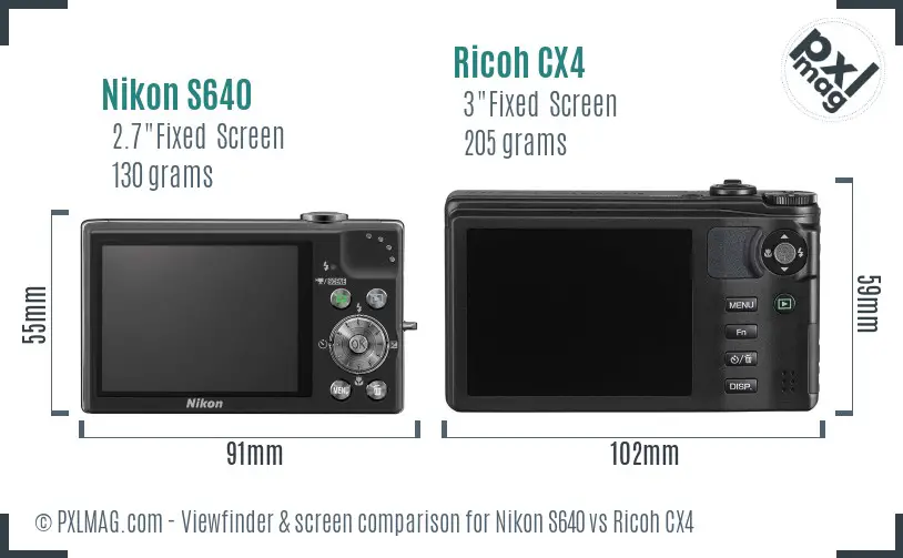 Nikon S640 vs Ricoh CX4 Screen and Viewfinder comparison