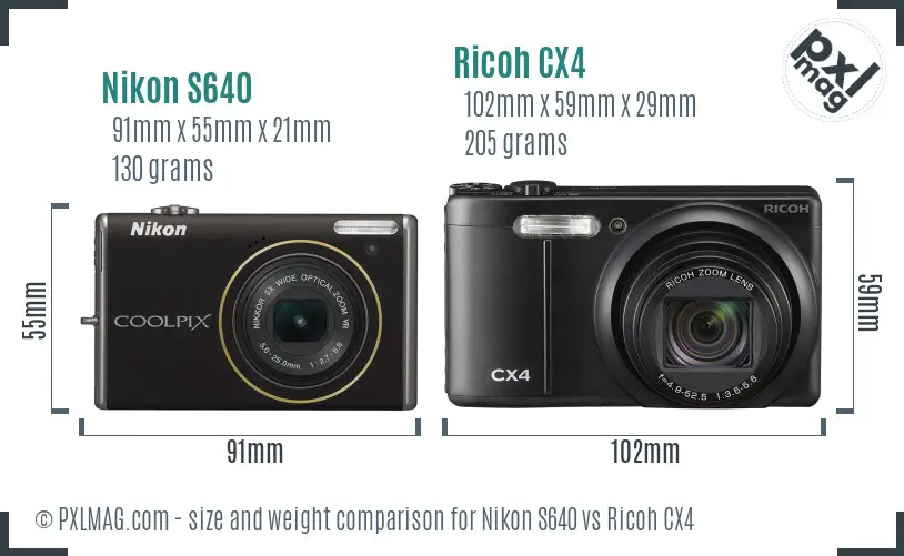Nikon S640 vs Ricoh CX4 size comparison