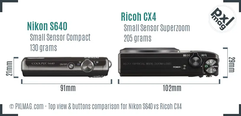 Nikon S640 vs Ricoh CX4 top view buttons comparison