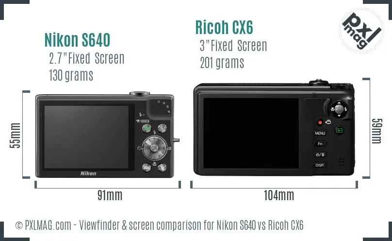 Nikon S640 vs Ricoh CX6 Screen and Viewfinder comparison