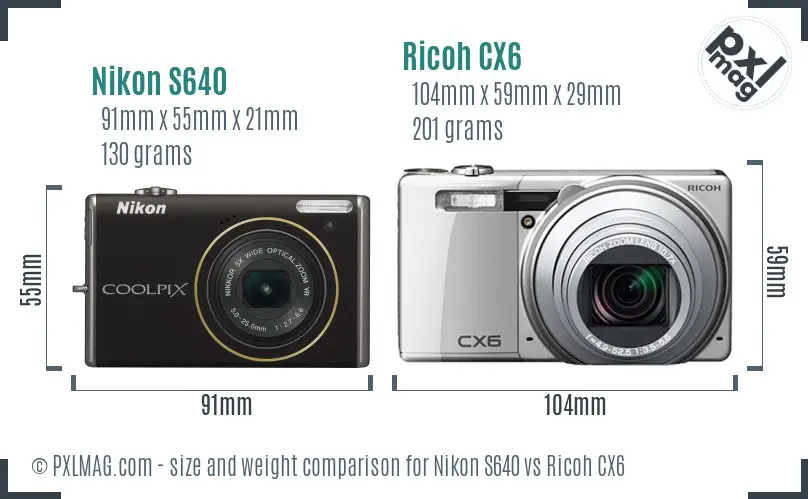 Nikon S640 vs Ricoh CX6 size comparison