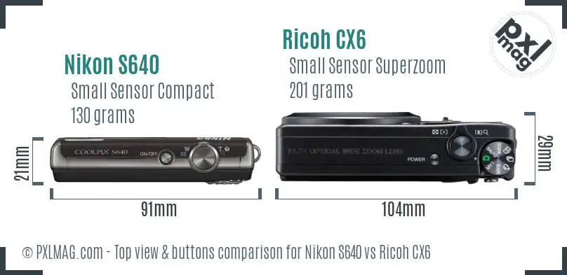 Nikon S640 vs Ricoh CX6 top view buttons comparison