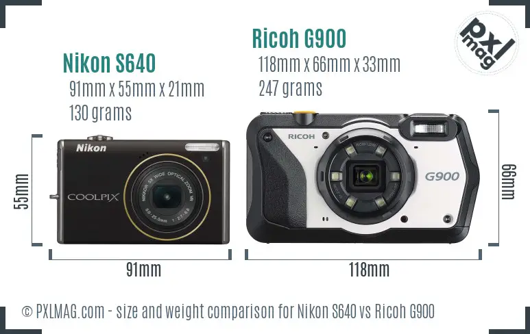 Nikon S640 vs Ricoh G900 size comparison