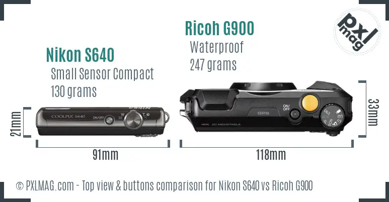 Nikon S640 vs Ricoh G900 top view buttons comparison