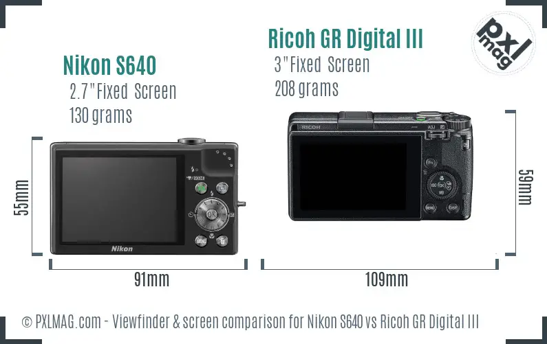 Nikon S640 vs Ricoh GR Digital III Screen and Viewfinder comparison