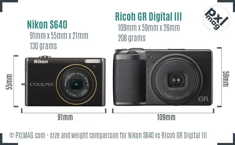Nikon S640 vs Ricoh GR Digital III size comparison
