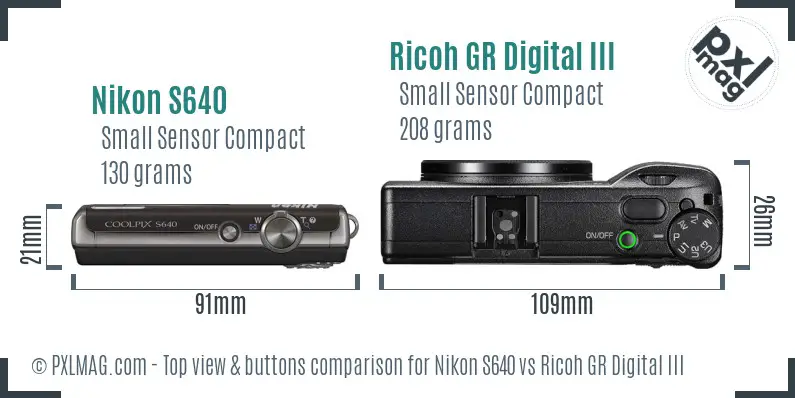 Nikon S640 vs Ricoh GR Digital III top view buttons comparison