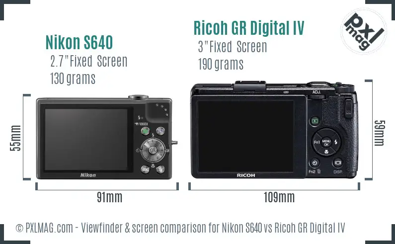 Nikon S640 vs Ricoh GR Digital IV Screen and Viewfinder comparison