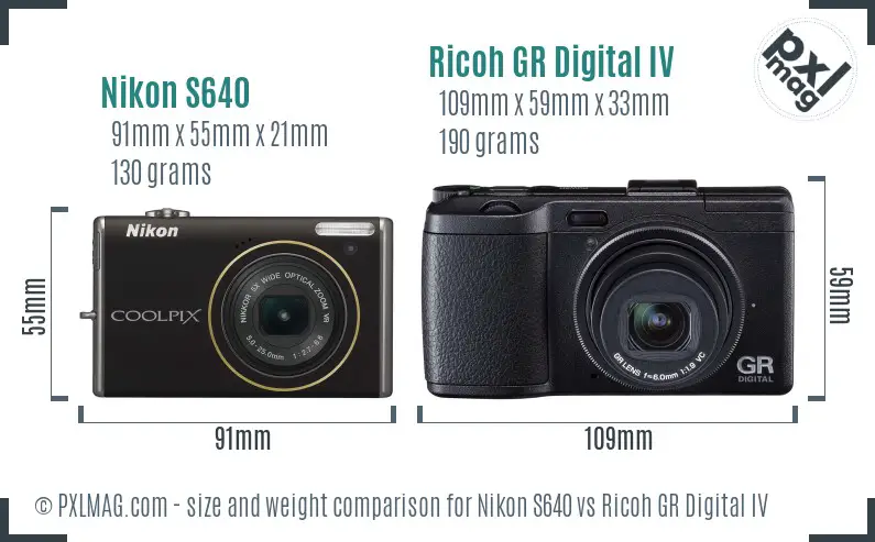 Nikon S640 vs Ricoh GR Digital IV size comparison