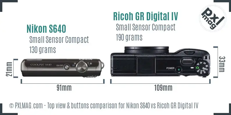 Nikon S640 vs Ricoh GR Digital IV top view buttons comparison