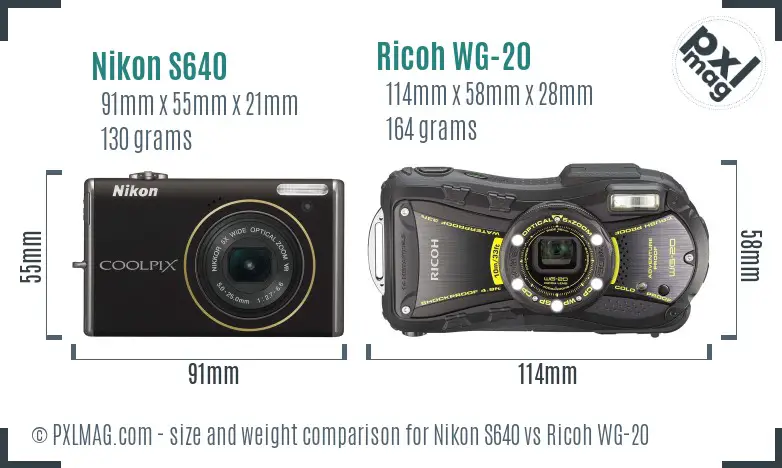 Nikon S640 vs Ricoh WG-20 size comparison