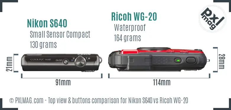 Nikon S640 vs Ricoh WG-20 top view buttons comparison