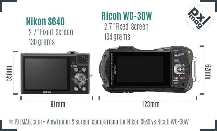 Nikon S640 vs Ricoh WG-30W Screen and Viewfinder comparison
