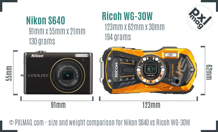 Nikon S640 vs Ricoh WG-30W size comparison