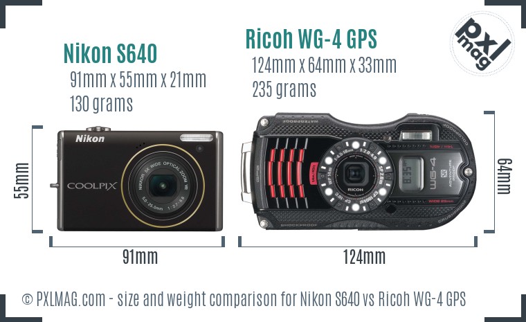 Nikon S640 vs Ricoh WG-4 GPS size comparison Nikon S640 vs Ricoh WG-4 GPS size comparison
