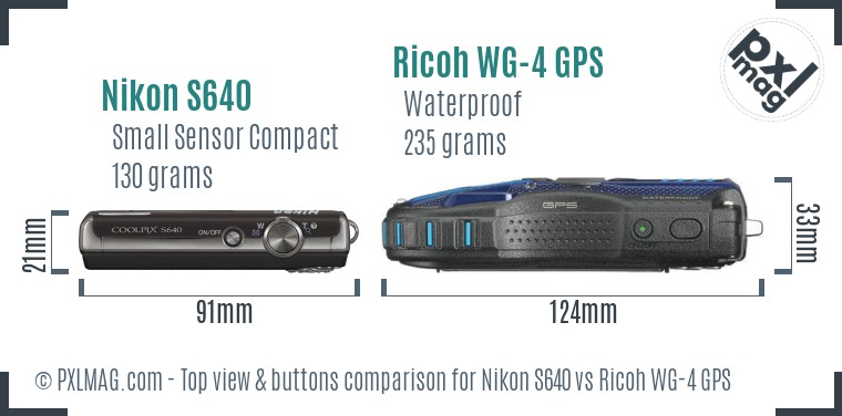 Nikon S640 vs Ricoh WG-4 GPS top view buttons comparison