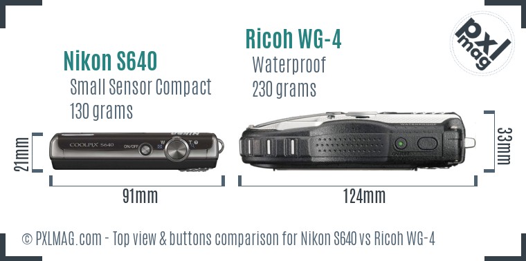 Nikon S640 vs Ricoh WG-4 top view buttons comparison