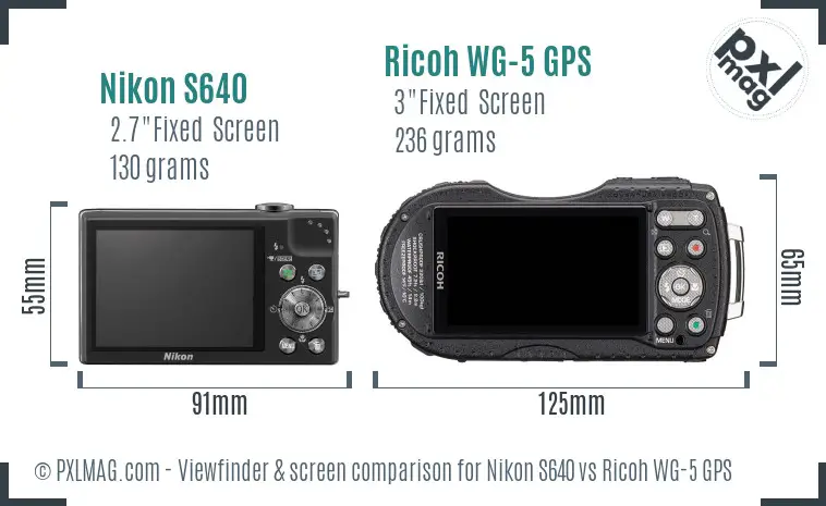Nikon S640 vs Ricoh WG-5 GPS Screen and Viewfinder comparison