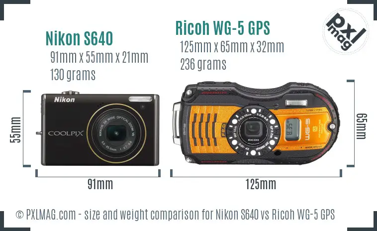Nikon S640 vs Ricoh WG-5 GPS size comparison