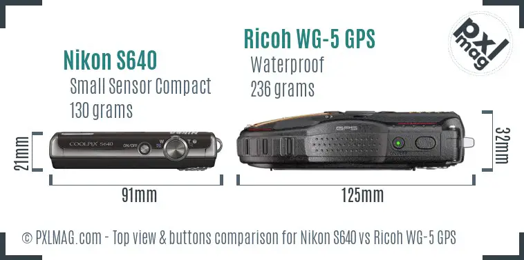 Nikon S640 vs Ricoh WG-5 GPS top view buttons comparison
