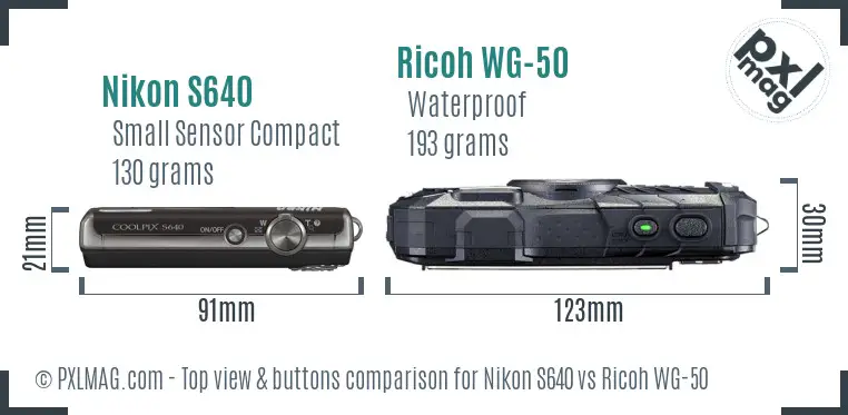Nikon S640 vs Ricoh WG-50 top view buttons comparison