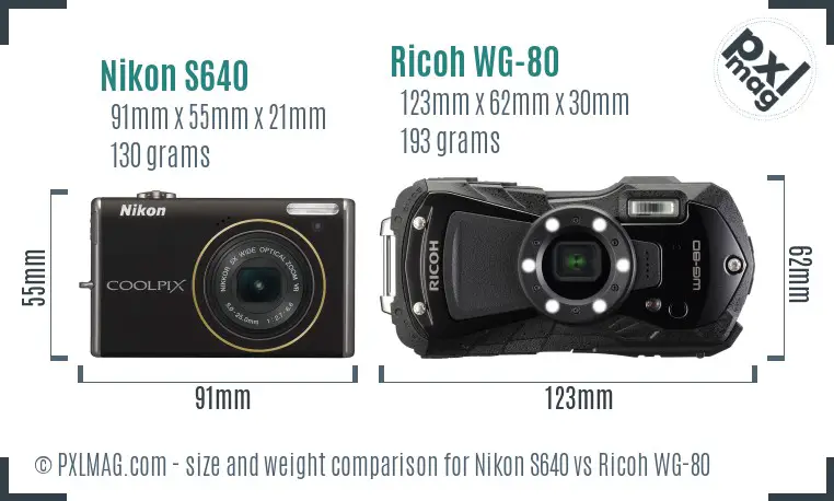 Nikon S640 vs Ricoh WG-80 size comparison