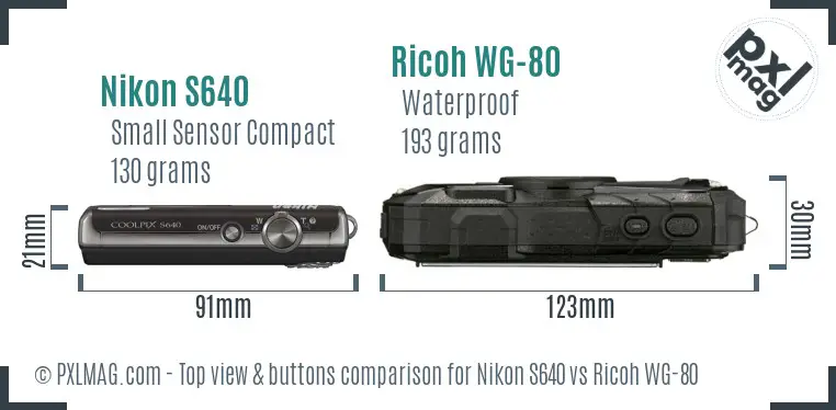 Nikon S640 vs Ricoh WG-80 top view buttons comparison