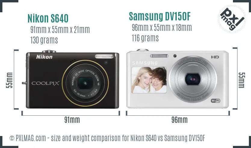 Nikon S640 vs Samsung DV150F size comparison