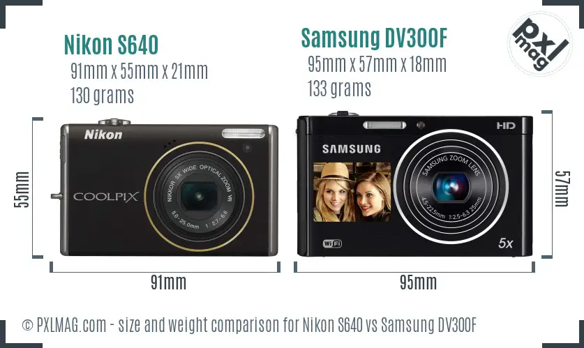 Nikon S640 vs Samsung DV300F size comparison
