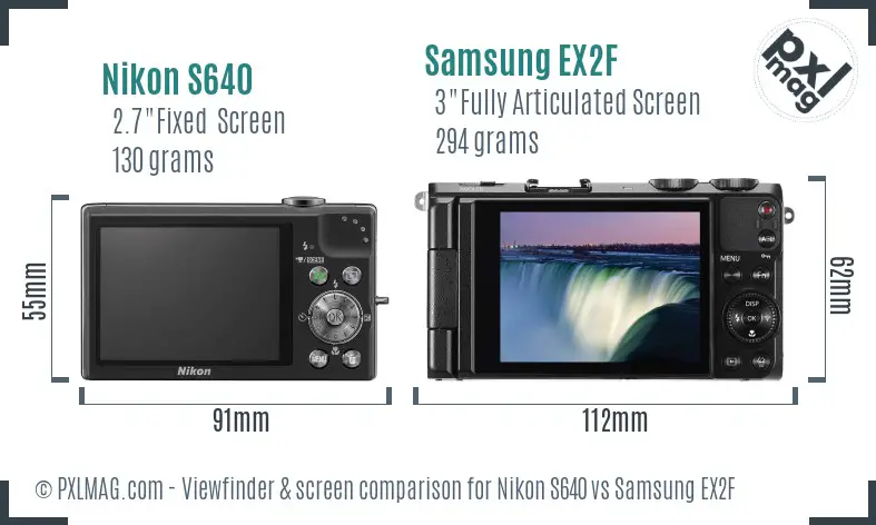 Nikon S640 vs Samsung EX2F Screen and Viewfinder comparison