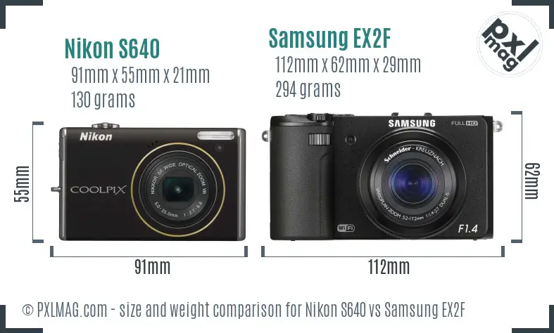 Nikon S640 vs Samsung EX2F size comparison