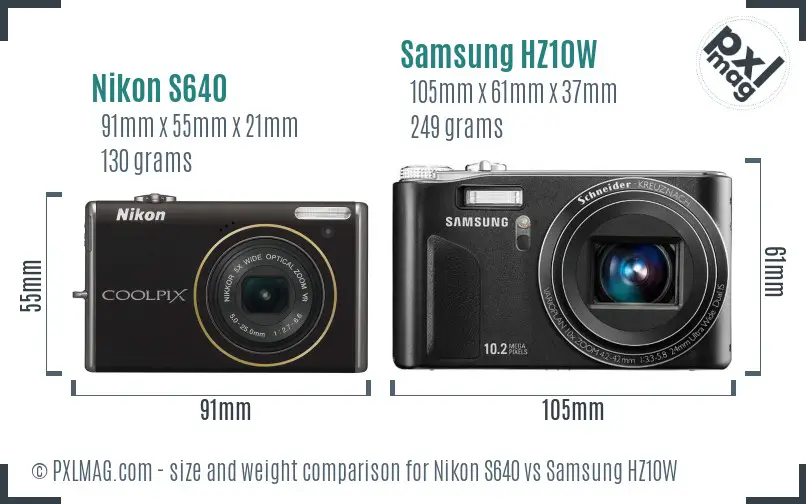 Nikon S640 vs Samsung HZ10W size comparison