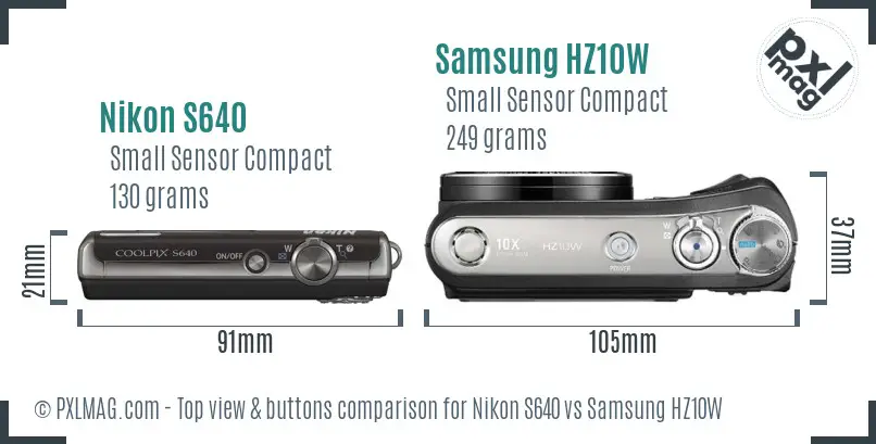 Nikon S640 vs Samsung HZ10W top view buttons comparison
