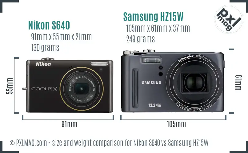 Nikon S640 vs Samsung HZ15W size comparison