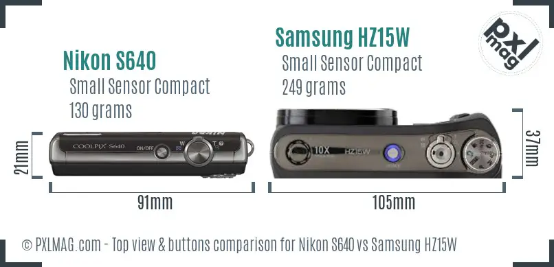 Nikon S640 vs Samsung HZ15W top view buttons comparison