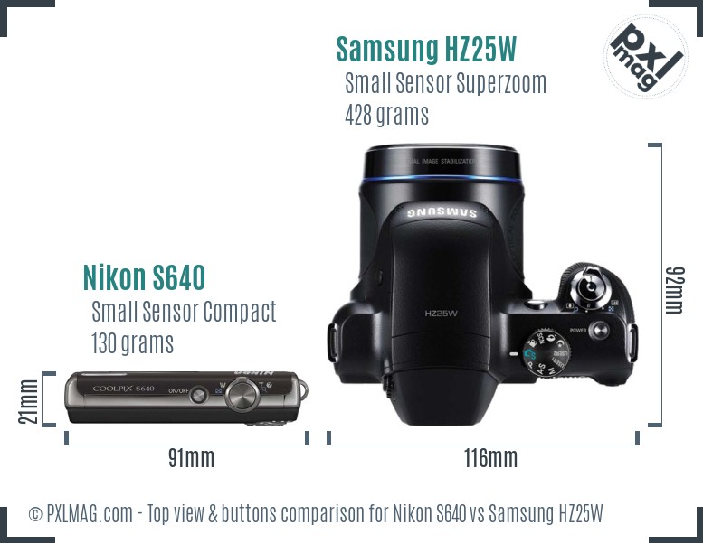 Nikon S640 vs Samsung HZ25W top view buttons comparison