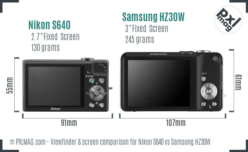 Nikon S640 vs Samsung HZ30W Screen and Viewfinder comparison