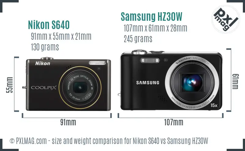 Nikon S640 vs Samsung HZ30W size comparison