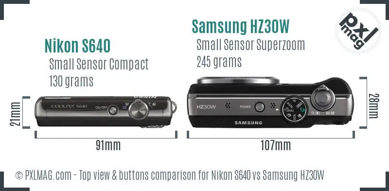 Nikon S640 vs Samsung HZ30W top view buttons comparison