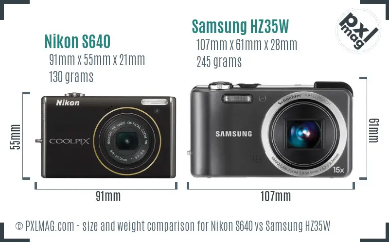 Nikon S640 vs Samsung HZ35W size comparison