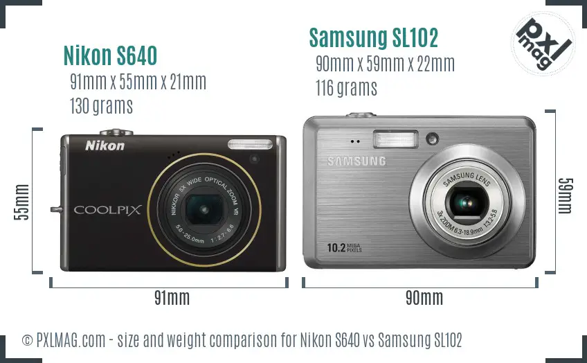 Nikon S640 vs Samsung SL102 size comparison